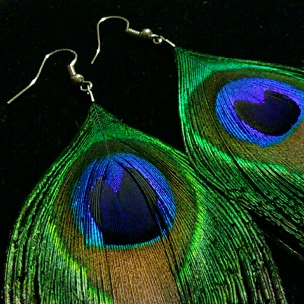 Peacock Feather Earrings - Picture 2 of 3